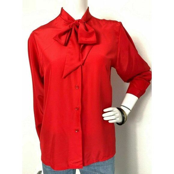 Vintage Secretary Blouse RED large Bow size PS Collar striped button up relaxed - Picture 8 of 9
